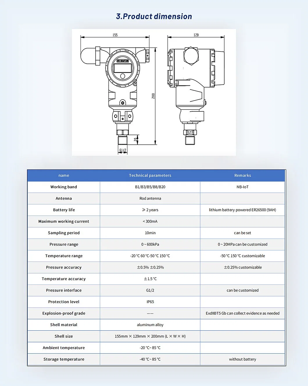 Nb Iot Wireless Integrated Pressure and Temperature Sensor for Oil Steam Water